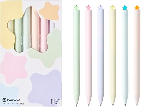 Kaco FIRST Gel Pens 6 Pieces Cute Stationery Black Ink, 0.5 mm Fine Point, Aesthetic Cute Star Pens for Journaling