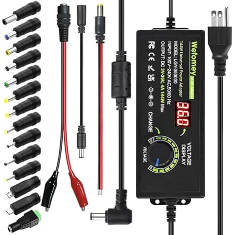Universal Power Supply 3V~36V 4A 144W Adjustable Variable AC/DC Adapter Charger, 100V-240V AC to DC Converter with LED Voltage Display & 14 Tips & Polarity Converter & Test Lead Cover