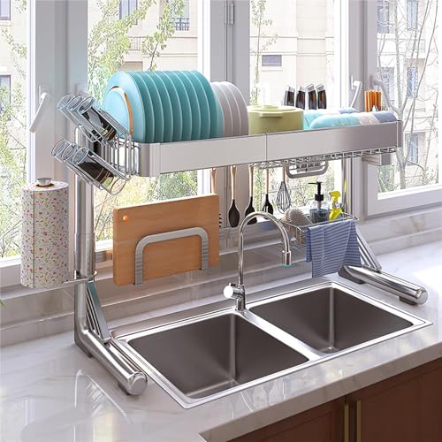 Expandable Stainless Steel Kitchen Sink Dish Rack, Rustproof Space-Saving sil Holder with Cutlery nizer for Countertop, Ideal for Home & Restaurant Use