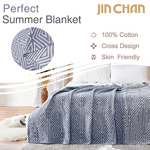 Jinchan Cotton Throw Blanket Blue Throw Blanket For Couch Cozy Blanket Cotton Twin Size Bed Throw 3 Layer Winter Blanket Coverlet Geometric Quilt Soft Blanket Baby Kid Gift 60X80 Inch #TOP1