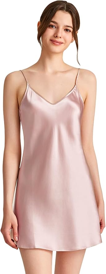 100% Mulberry Silk Nightgown for Women, 19 Momme Silk Nighty Chemise, Adjustable Spaghetti Strap Slip Sleep Dress