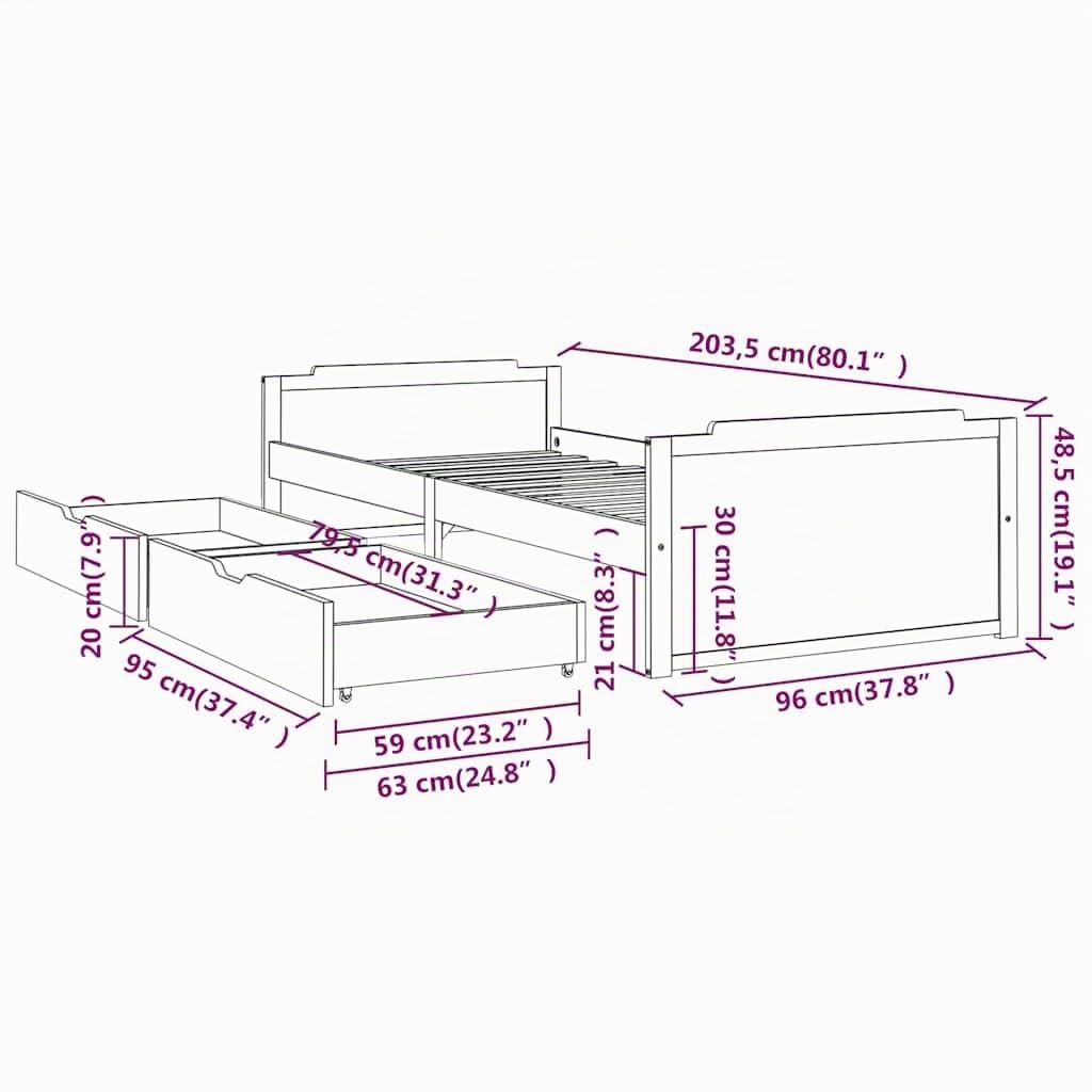 vidaXL Bedframe met lades massief grenenhout 90x200 cm