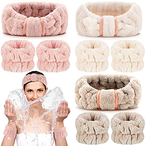 9 Pieces Spa Headband Wrist Washband Face Wash Set, Include 3 Pieces Microfiber Headband and 6 Pieces Wrist Washband for Women Girls Prevent Liquids from Spilling Down Your Arms