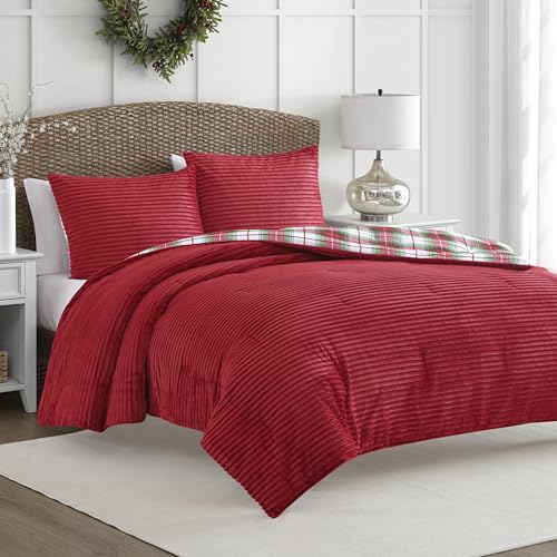 Image of Martha Stewart - King Comforter Set in Red, Reversible, Cute, Wide Corduroy Plaid Bedding Set - 3 Pieces - All Seasons, Lightweight, Fluffy with 1 Comforter, 2 Pillow Shams,