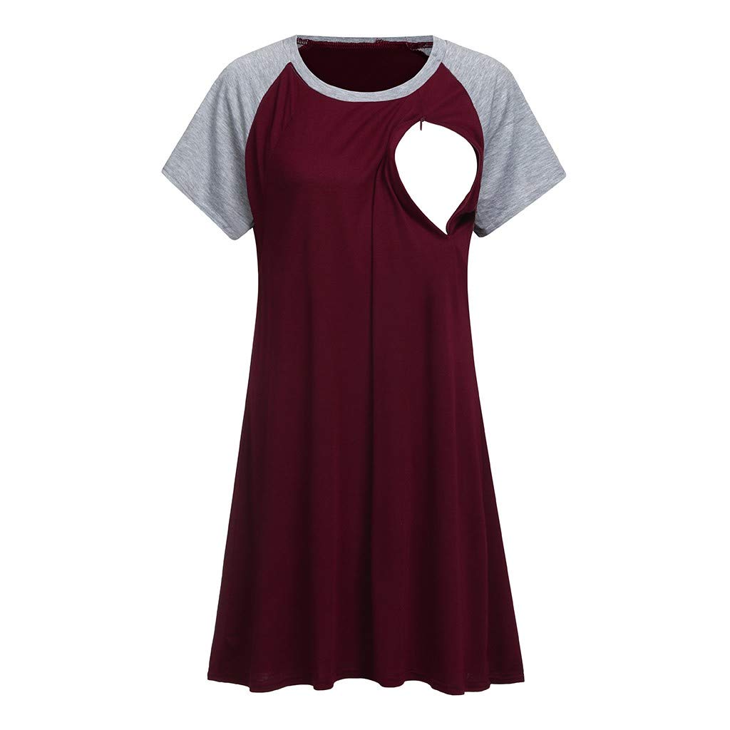 Stillnachthemd Geburtskleid Damen Nachthemd mit Stillfunktion Stillkleid Langarm Umstandsnachthemd Mutterschaft Umstandskleid mit Leiste Geburtshemd Nachthemd für Schwanger
