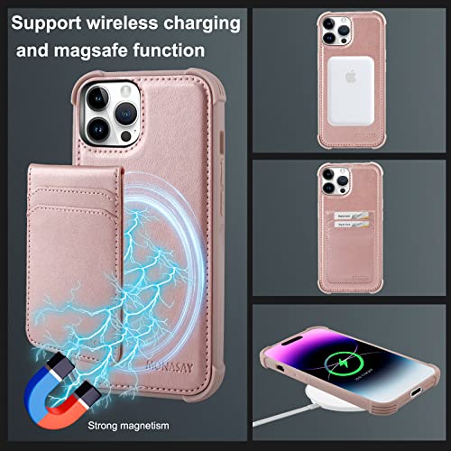 Image of MONASAY Magwallet Case Fit for iPhone 14 Pro,[Support MagSafe Wireless Charging][Glass Screen Protector] PU Leather Flip Magnetic Wallet Phone Cover with Detachable Card Holder, Rosegold