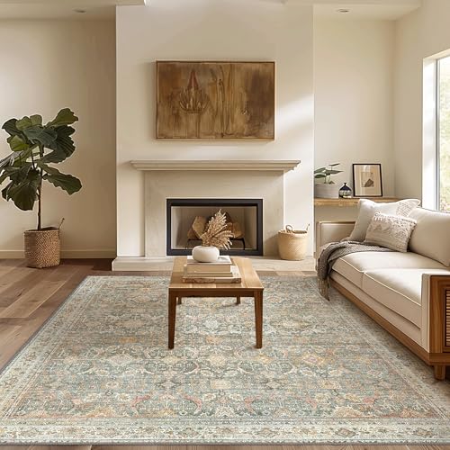 BESBLEE 5X7 Area Rugs Machine Washable Rugs for Living Room, Vintage Boho Large Rugs for Bedroom Dining Room, Non Slip Indoor Soft Distressed Lightweight Thin Low Pile Carpet, Turmeric