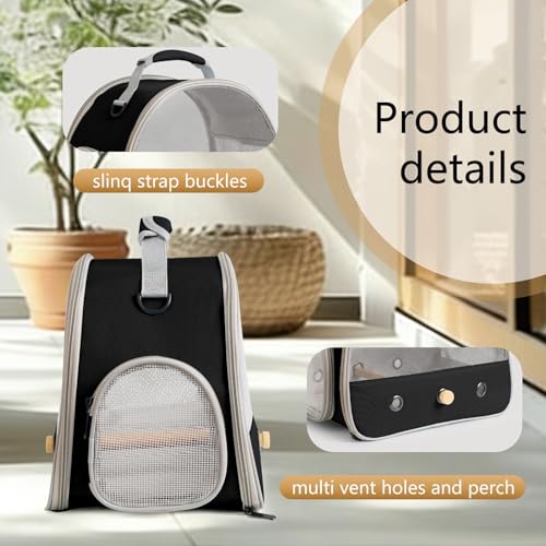 Image of Bird Carrier, Portable Small Bird Parrot Parakeet Carrier with Standing Perch and Stainless Steel Tray, Side Access Window Collapsible (Black, Mesh Windows)