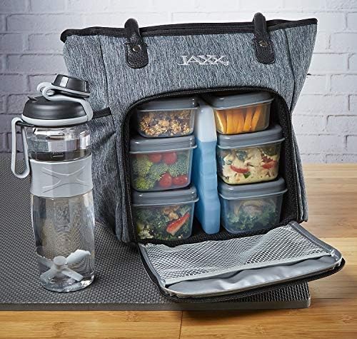 Fit & Fresh JAXX FitPak Meal Prep Lunch Bag with Portion Control Containers & Shaker Bottle, Commuter Series, Gray