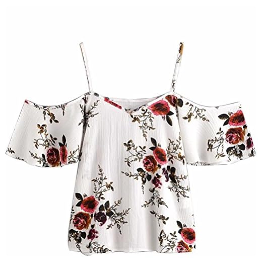 Blusa Sexy Mujer Camisetas sin Mangas de Verano de Mujeres Blusas Florales para Mujer con Hombros Descubiertos Camisola Cami Tops Crop Tops Chaleco Camiseta (Blanco, M)