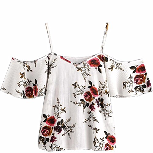Blusa Sexy mujerCamisetas sin Mangas de Verano de Mujeres Blusas Florales para Mujer con Hombros Descubiertos Camisola Cami Tops Crop Tops Chaleco Camiseta (Blanco, L)