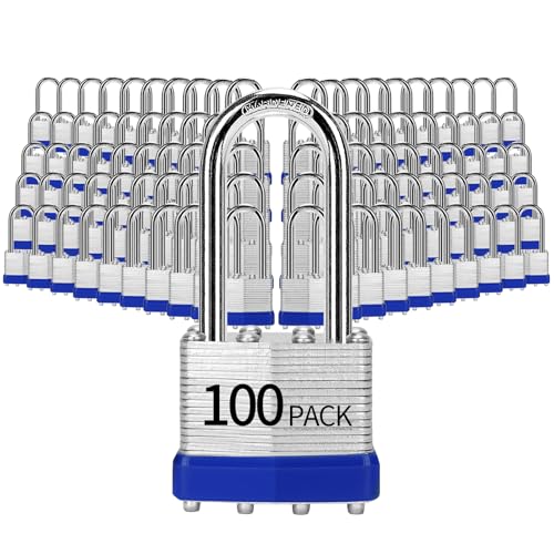 Image of Padlocks Keyed Alike, Pack of 100, Laminated Steel Keyed Lock (1-9 /16 inch, 40mm), Padlocks with Same Key, Long Shackle, for Toolbox, Locker & Storage Unit, and More
