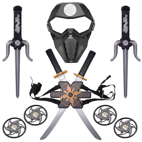Sepco Ninja Toy Weapons Set with Backpack Case Swords Katana Throwing Discs Mask for Kids Role Play Costume Accessories