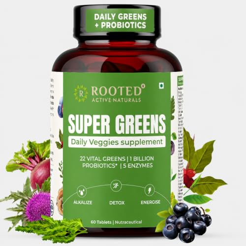 Image of Rooted Active's Super Green Tablets for Men & Women | Comprehensive Daily Supplement with 22+ Vital Greens, 1 Billion Probiotics, 5 Enzymes | Supports Gut Health, Energy, Immunity | 60 Tablets