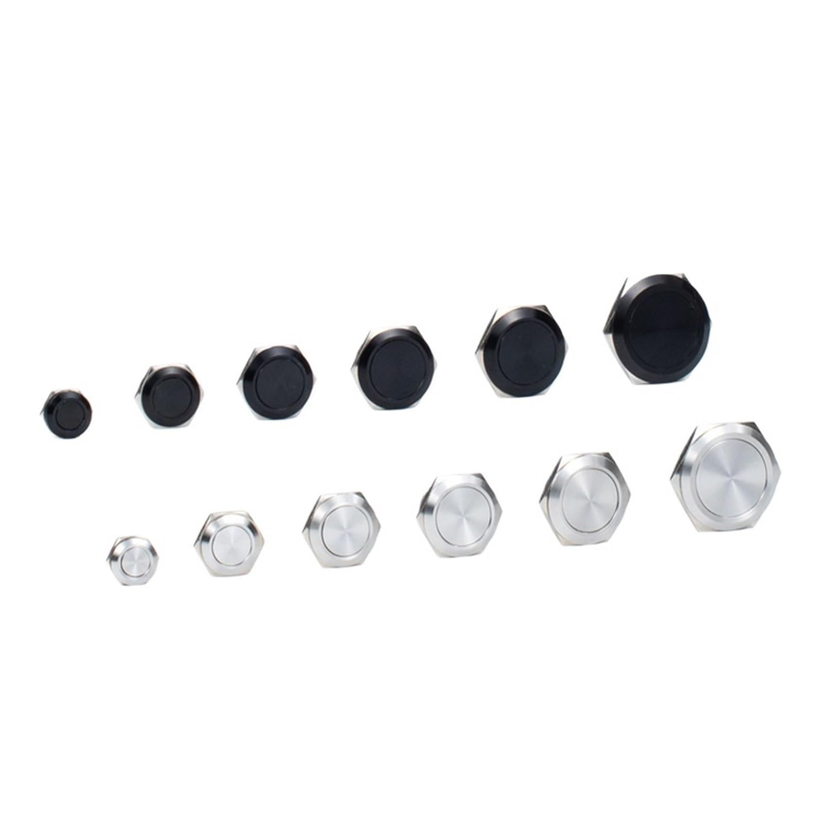 Kurzer Metall-Druckschalter 5 stücke 12/16/19/22/25/30mm Kurze Elektrische Wasserdichte Power Reset Momentary druck Mini Push Button Schalter Silber Schwarz(19mm No LED,FLAT HEAD_5PCS SILVER)