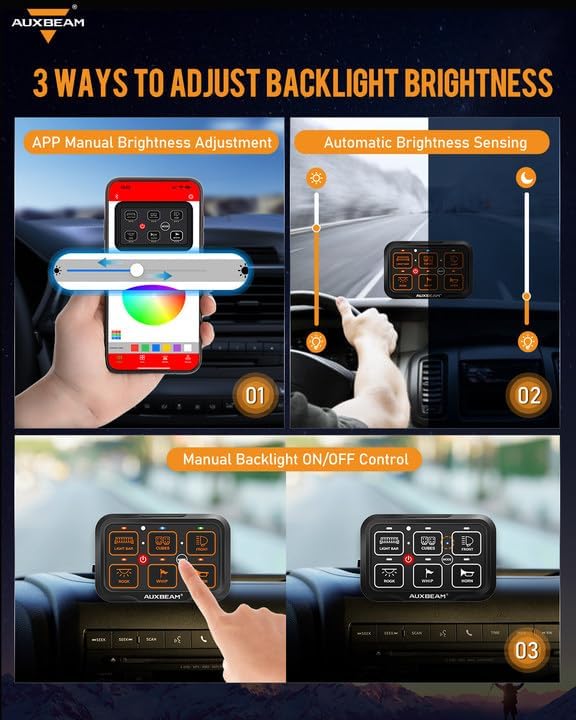 Auxbeam switch panel showing three ways to adjust backlight brightness: via mobile app, automatic brightness sensing, and manual ON/OFF control.
