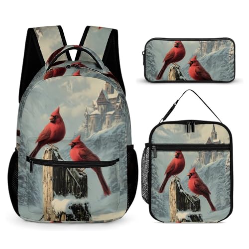 Cardina Birds Church Snowy Trees 3 Pcs Backpacks Set Combination 16“ Travel Backpack Portable Lunch Bag Pencil Case for Unisex