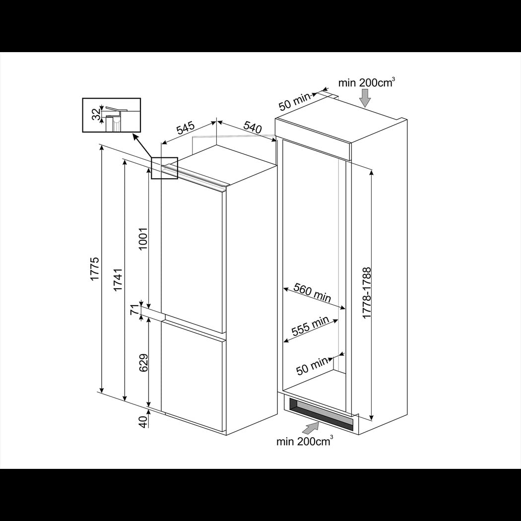 Smeg FRIGO INCASSO COMBINATO 270LT H177 VENTILATO/NO FROST LED INVERTER - E C3170NE