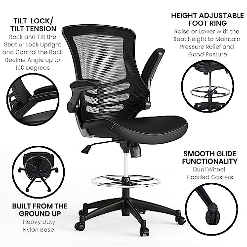 Image of Flash Furniture Kelista Mid-Back Swivel Office Chair with Adjustable LeatherSoft Seat Height, Ergonomic Mesh Chair with Flip-Up Arms, Black