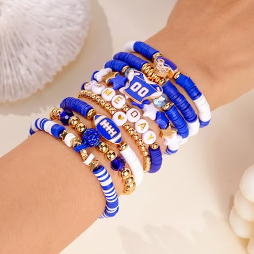 Game Day Bracelets Set for Women Men Football Bracelets Stack Beaded Stretch Red Black Blue Clay Beaded Stretch Bracelets Stackable Sports Charm Bracelet Jewelry Accessories (Blue White-9) — view 2