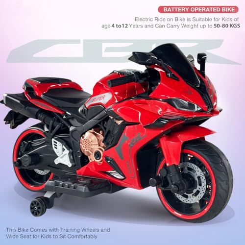 Image of Wishmaster CBR Double Seater Kids Ride-On Sports Bike | Realistic Sound, LED Headlights & Lights | Bluetooth Music | Hand Accelerator, Foot Brake | Fully Assembled | Age 2-10 Years | 6 months Warranty