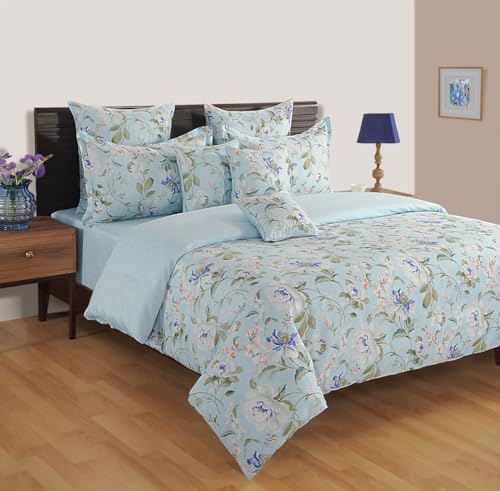 Image of Swayam Roto Cotton King Bedsheet with 2 Pillow Covers | Size 108 x 108 inch | 144 TC | Floral Design | Soft Breathable Bed Sheet | Comfortable & Durable for Bedroom - Blue