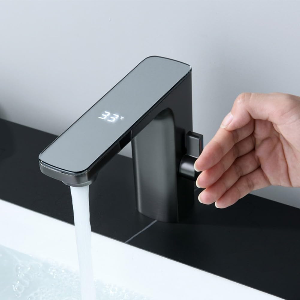 Oniissy Infrarot Sensor Waschtischarmatur, berührungsloser Wasserhahn für Badezimmer, Automatischer Digitalanzeige Bildschirm Warmes Kaltwasser Mischbatterie Chrom(Grau), 1693968924