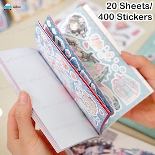 FunBlast Kawaii Stickers Book – 20 Sheets/400 Stickers, Japanese Style Decorative Stickers, Self-Adhesive Kawaii Sticker, Cartoon Theme Sticker for Girls (Blue)
