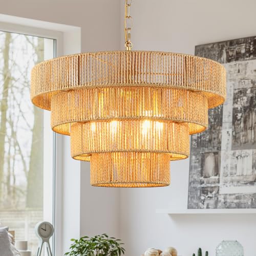 Schindora Lampadario Rattan Vintage Boho,50 Cm Lampadario Camera Da Letto Tessuto A Mano Rattan 6...