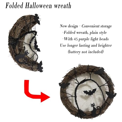 Halloween Wreaths for Front Door, 15 Inch Halloween Lighted Wreath with Bat and Cat Decor, 45 LED Purple Lights Battery Operated, Front Door Porch Wreath Decorations for Holiday Party (Purple) - image 3