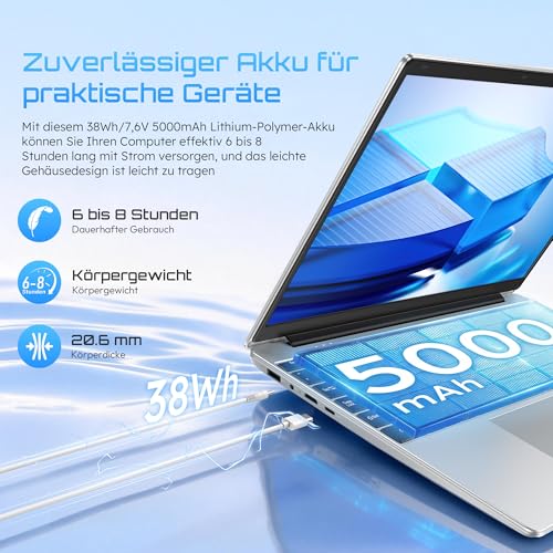 jumper Laptop 15,6 Zoll FHD Display, 12GB RAM 512GB SSD TF Erweitern 512GB, Office 365, 5205U Prozessor, Leichte Business und Studenten Notebook, 2 Stereo-Lautsprecher/Typ-C/USB 3.0/Zehnertastatur