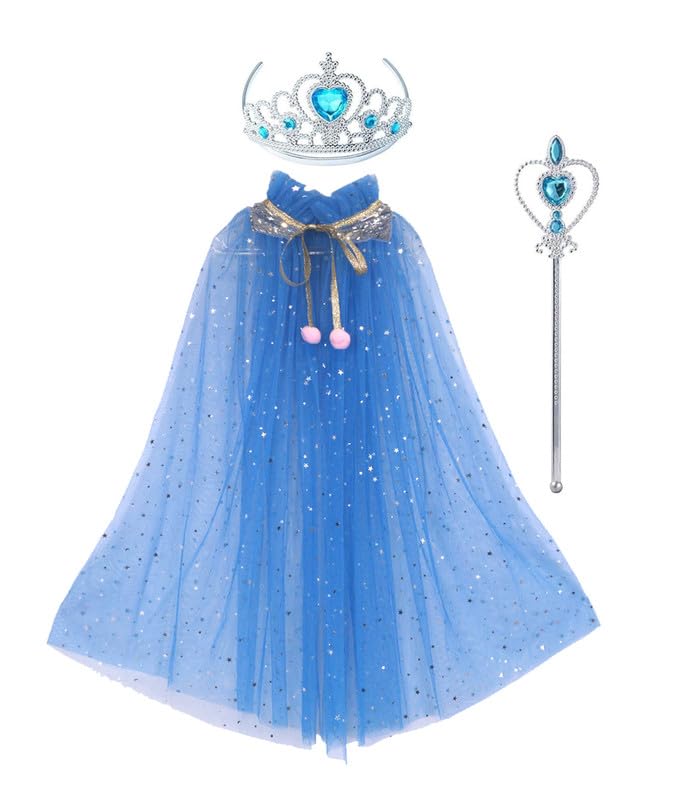 Image of Princess Cape for Girls - Colorful Sequin Cloak with Crown and Wand for Birthday, Halloween, Fancy Dress & Carnival