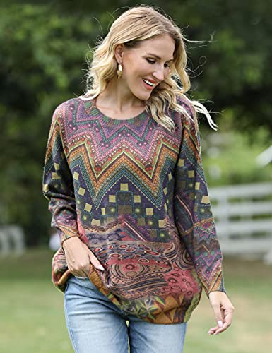 Image of YESNO Women Christmas Sweater Graphic Printed Oversized Pullover Sweaters Casual Loose Knit Tops S01
