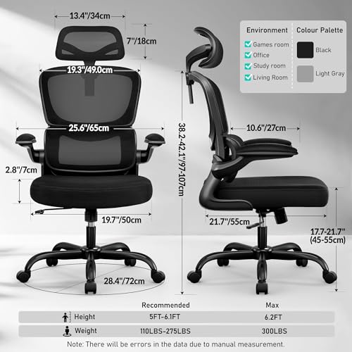 Image of BESTFAIR High Back Ergonomic Office Chair, Breathable Mesh Desk Chair with Lumbar Support, Adjustable Headrest, Flip-up Armrests, Computer Gaming Chair
