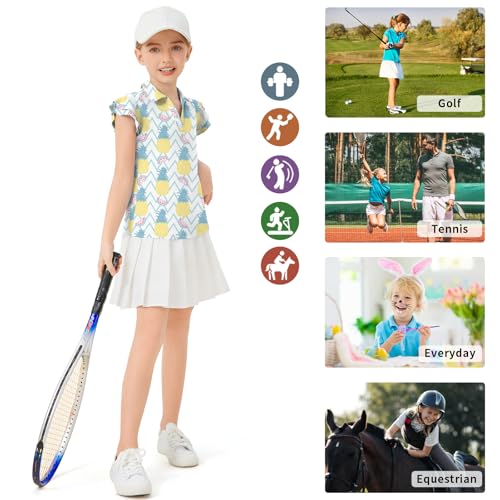 Image of Soneven Girls Ruffle Sleeve Polo Shirts V-Neck Golf Tennis T-Shirts Uniform Shirts Quick Dry for 4-14 Years