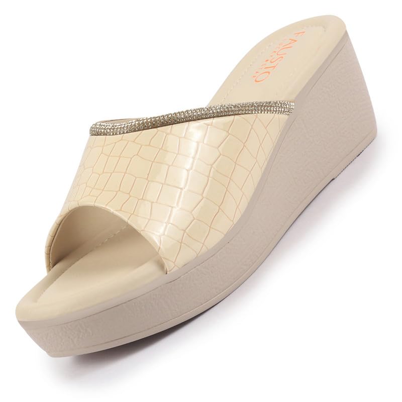 FAUSTO FST KI-663 BEIGE-38 Womens Beige Embellished Open Toe Textured Wedge Heel Sandal With Cushioned Footbed|Platform Sandal For Party|Festive|Wedding (5 UK) (B0D8QBL2J5) Amazon Price History, Amazon Price Tracker