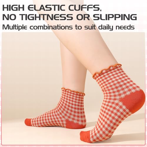 Image of 6 Pairs Women Ruffle Striped Frilly Socks, Cute Checkered Ankle Sock for Women Cotton Knit Casual Crew Socks