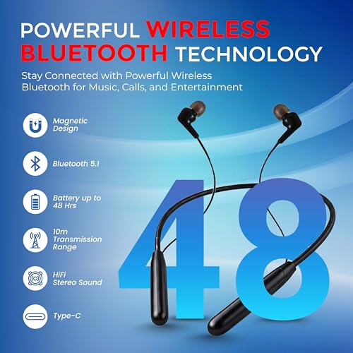 Image of MAK Premium Wireless Neckband Earphones with 12mm Bass Driver, Magnetic Eartips, Fast Type-C Charging, Lightweight & Comfortable Secure Fit Bluetooth Earbuds in Black.