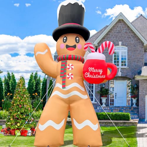 14FT Giant Christmas Inflatable Gingerbread 14FT Giant Gingerbread Man Christmas Inflatables Outdoor Decoration Xmas Big Blow Up Yard Decor with Built-in 7 LED for Yard Garden Lawn(with Storage Bag)