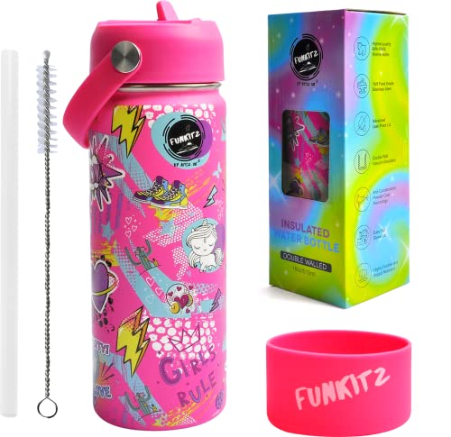 FUNKITZ Kids Insulated Water Bottle - BPA-Free, Leak-Proof, Stainless Steel Water Bottle with Straw, 500ml - Keeps Drinks Cold or Hot - Durable, Spill-Proof Flask for School, Sports, and Travel