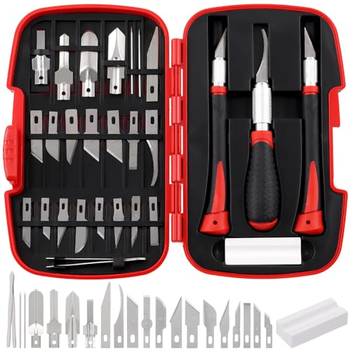 Sweet Juego de cuchillos para manualidades, cortador de precisión rojo, incluye cuchillas #1#2#4#7#10#11#12#17#19#20, cuchillas de gancho/puntiagudo, gubia U/V, mango y aguja