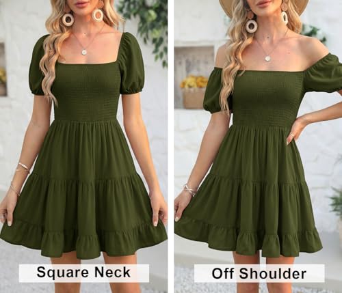 Image of Veatzaer Women's Puff Sleeve Square Neck Smocked Babydoll Dress Boho Floral Print Off Shoulder Ruffle Mini Short Dress