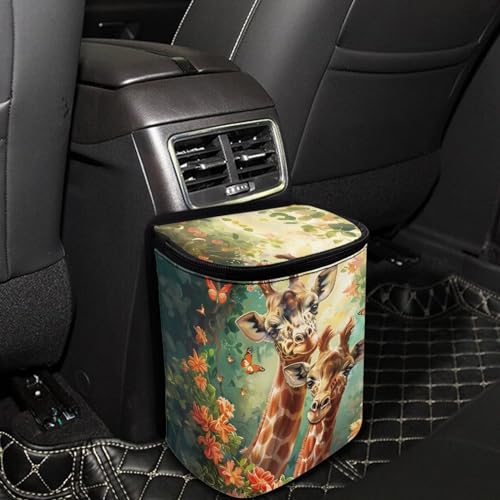 Image of Talayituse Giraffe Butterfly Flower Print Car Trash Can with Adjustable Straps, Foldable Car Trash Bag Bin Car Garbage Bag Multipurpose Storage Box for Vehicle Travel Camping Picnicing