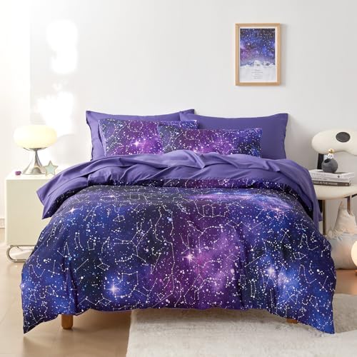 Wake In Cloud - Juego de edredón de constelación con sábanas, ropa de cama ligera para adolescentes, niños y niñas, 7 piezas en una bolsa, morado índigo, tamaño matrimonial