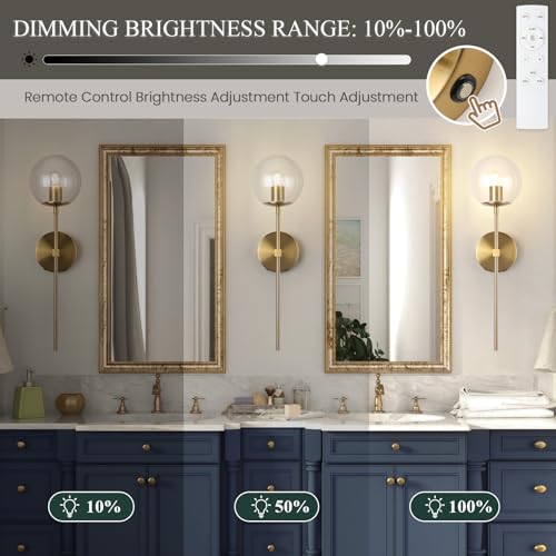 Image of Battery Operated wall Sconce Set of 2 Glass Globe 3000~6000K Rechargeable Wall Light Fixture Wireless Wall Lights with Clear Glass Shade for Living Room, Hallway, Bedroom(2 Pack)