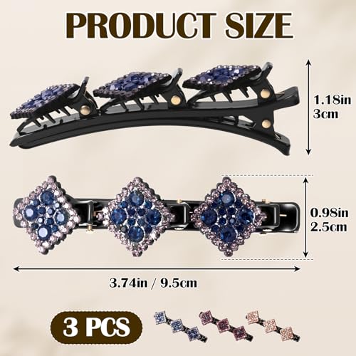 HINZIC 3 Pzs Pinzas trenzadas para cabello para mujer, doble capa con brillantina y cristales, antideslizantes, para uso diario y fiestas - Champagne, Gris y Morado miniatura 2