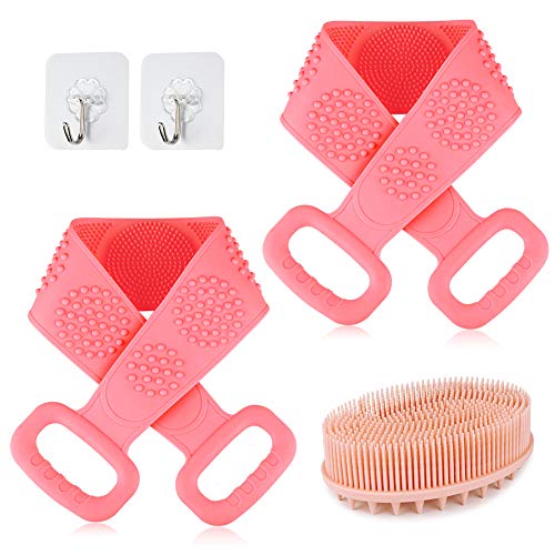 Bbuyagain Silicone Bath Body Brush Kit, Exfoliating Lengthen Silicone Body Back Scrubber Double-sided Cleaning Shower Loofah Massage Skin Care Tool Pink