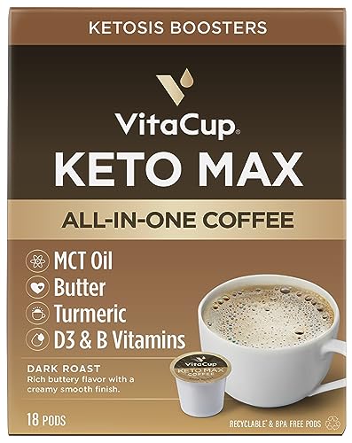 VitaCup Keto Max Dark Roast Coffee Pods, Ketosis & Energy, Butter, MCT Oil, Turmeric, B Vitamins, D3, All-In-One Keto Recyclable Single Serve Pod Compatible w/Keurig K-Cup Brewers,18 Ct