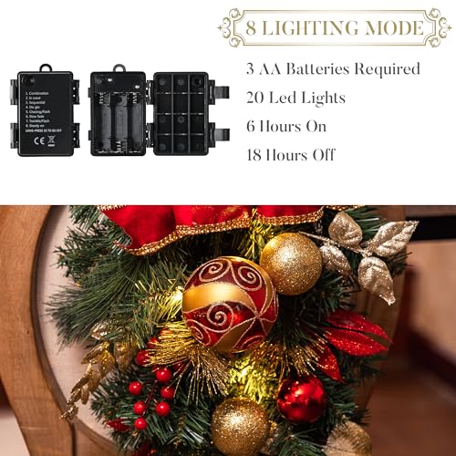Valery Madelyn Pre-Lit Christmas Teardrop Swag for Decorating Outdoor, 24 Inch Mailbox Swag Decoration with 20 LED Lights, Red Gold Ball Ornament for Front Door Stairway Window Shelf Xmas Home Decor - Image 5