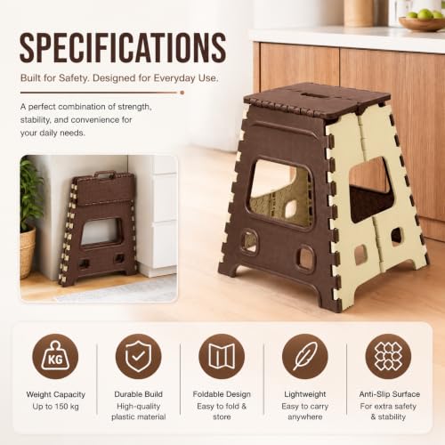 Image of 18 Inches Folding Step Stool for Adults & Kids | Strong Portable Stool for Kitchen, Garden & Travel | Foldable Stool for Travel | Lightweight Folding Stool (Brown & Beige)